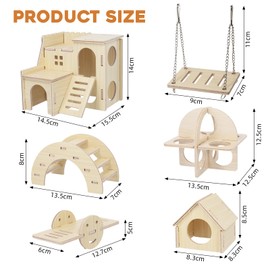 6Pcs Wooden Hamster Toy Set, Wooden Pine Guinea Pigs Toy, Seesaw Bridge Large Swing Exercise Toys, and Hideout House Wooden Toys for Hamster Bunnies Small Pet