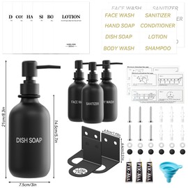 Soap Dispenser, Wall Mounting, No Drilling, Set of 3, 500 ml, Matte Black Shampoo Dispenser, Shower with Funnel and Three-Dimensional Waterproof Labels for Kitchen, Bathroom