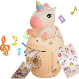 Unicorn Money Box Children Girls with DIY Sticker Piggy Bank Large XXL Password Protection with Children's Songs and English Pattern, from 3 4 5 6 7 8 Years Old School Birthday Gifts for Girls