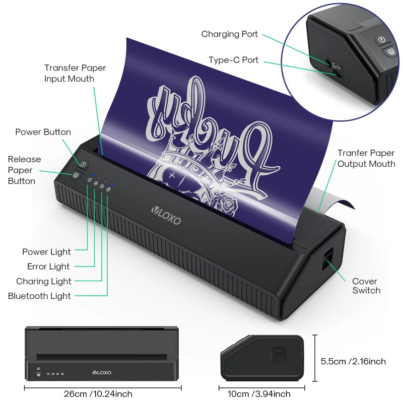 VLOXO Blue Tooth Tattoo Printer Thermal A4 Zise Tattoo Stencil