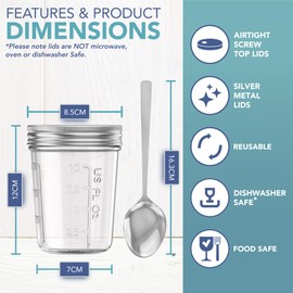 HEFTMAN Mason Jars for Overnight Oats - 2 Pack 350ml Overnight Oats Jar with Spoons & Airtight Stainless Steel Lids - Food-Safe Glass Breakfast Pots for Yogurt, Chia Pudding - 12oz, Reusable (2 PCS)