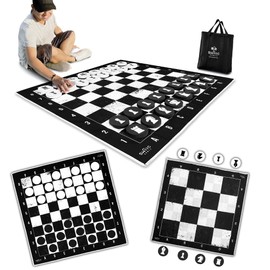 SWOOC Games - Juego de ajedrez Gigante 3 en 1 con Alfombrilla (4 pies x 4 pies) - Lona Lavable a máquina y Discos de Espuma Grandes de 5 Pulgadas, Juego de ajedrez Gigante para Exteriores y Damas