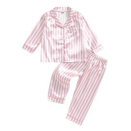 Kids Baby Toddler Girls Satin Silk Pajamas Set Long Sleeve Button Down Shirts Tops Pants Fall Pjs Lounge Sleepwear (Pink Stripes, 3-4 Years)