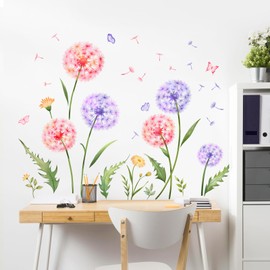Supzone Wall Sticker Pink and Purple Dandelion Flower Wall Sticker Dandelions Butterfly Wall Sticker Spring Flower for Living Room Bedroom Sofa TV Background Wall Decoration