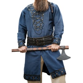 Leonardo Carbone® Viking Tunic Erik - Medieval Clothing Men's Casual Shirts Short Sleeve Carnival Costume Viking Tunic LARP Clothing - 100% Cotton with Leather Appliques, darkblue