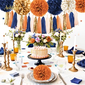 AOBKIAT Autumn Party Decoration, Wedding Birthday Decoration, Pack of 28 Orange Navy Gold Silk Pompoms, Paper Garland, Hanging Tassel, Table Confetti, for Baby Shower, Autumn/Winter Bridal Shower