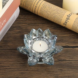 OwnMy Croatia Blue Crystal Lotus Flower Tealight Candle Holder Decor, Decorative Crystal Lotus Candle Lamp Sparkle Glass Flower Votive Candle Stand for Wedding Dining Table Centerpieces