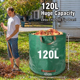 Garden Waste Bags Heavy Duty, 120L Reusable Garden Sacks with Handles, Large Bag Refuse Rubbish Green for Yard Debris Grass Cuttings Garbage Leaves Collection,2 Pack