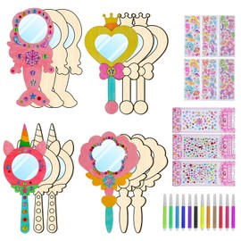 BAPHILE 12 Pack Wooden Mirror Craft for Kids, Make Your Own Princess Mirrors for Girls, Paint Wooden Hand Mirror for Art Activities Birthday Party Favors