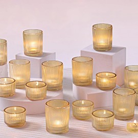 NITIME 20pcs Ribbed Gold Votive Candle Holders, Assorted Tea Light Candle Holder Glass for Wedding Table Decor, Gold Candle Holders for Table Centerpieces, Diwali, Brithday, Party and Holiday Decor