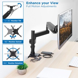 Mount-It! Premium Single Monitor Arm Desk Mount | Gas Spring Arm Fits up to 35 Inches and 33 Pounds | 2 x USB 3.0 and Audio Port | C-Clamp and Grommet Bases | VESA 75 100 200 | Aluminum | Black
