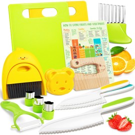 Suhctuptx Kids Knife Set For Real Cooking, Kids Kitchen Knives with Cutting Board Crinkle Cutters Food Conversion Chart & Cleaning Tools, Christmas Birthday Gifts Toddler Toys for Girls Boy Age 2-10