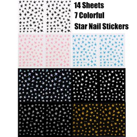 14 Sheets Star Nail Art Stickers 3D Self Adhesive Shiny Star Nail Decals Gold Aurora Silver Black White Pink Blue Pentagram Nails Design for Women Nail Art Decoration Accessories