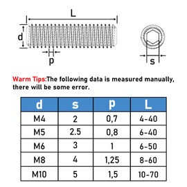 GUEEYUAW Pack of 10 Grub Screws M8 × 50 mm, 304 Stainless Steel A2 V2A DIN 913 Hexagon Socket Grub Screws Can Be Used Outdoors
