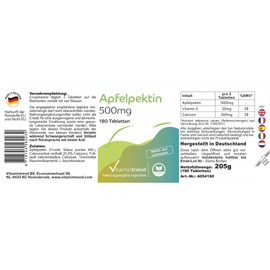 Apple Pectin 500 mg - 180 Tablets - with 1500 mg Apple Pectin and 30 mg Vitamin C per Daily Dose - High Dose - Vegan - Bioavailable Supplements from Germany | Vitamintrend