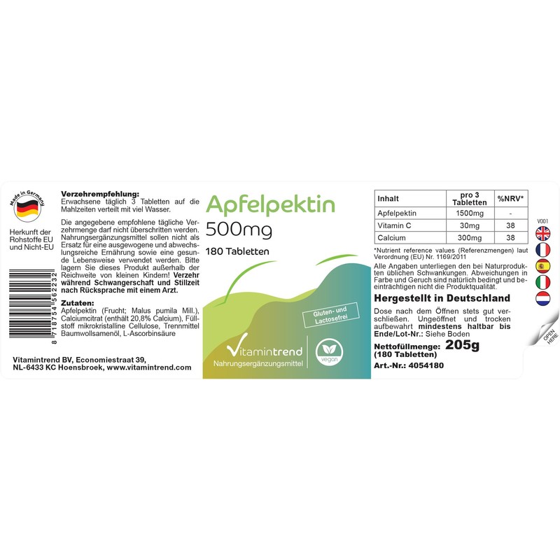 Apple Pectin 500 mg - 180 Tablets - with 1500