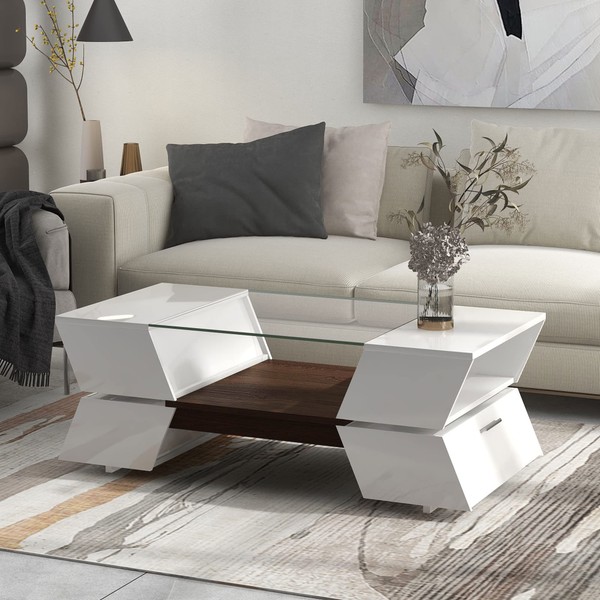 Merax, White Modern Geometric Style 6mm Glass-Top Coffee Table with Open Shelves and Cabinets for Living Reception Room 44.8 in L