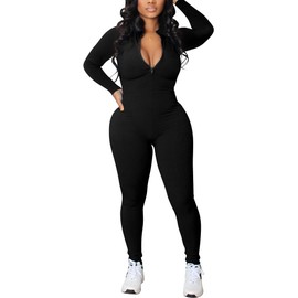 chicyes Women's Sexy Bodycon Long Sleeve Zipper Ribbed One Piece Pants Rompers Jumpsuits Black