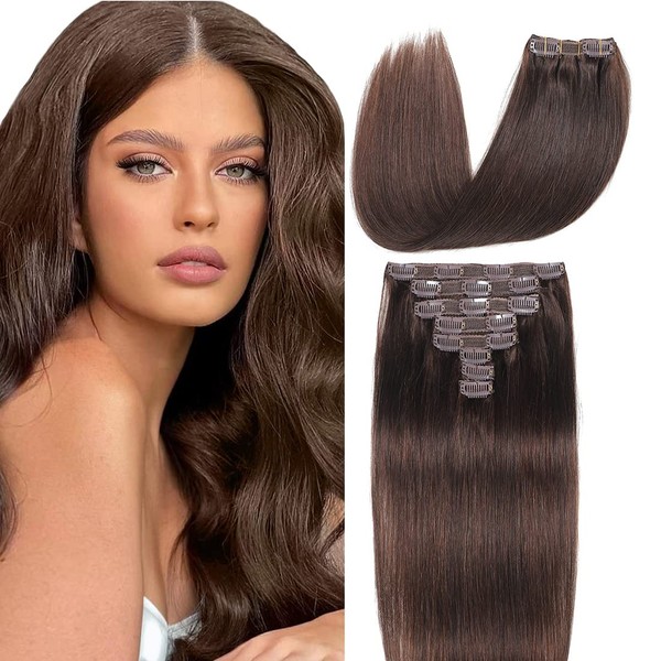 Clip in Hair Extensions, Real Hair, 8 Pieces, Straight, Remy Human Hair, Full Head, Double Weft, Remy Human Hair, 22 Inch, #4 Medium Brown)