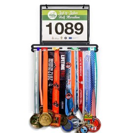 2-in-1 Marathon Medal Display Hanger & Number Bib Holder, Top One Tech Metal Medals Rack for Wall Mount, Cross Country Athletics Running