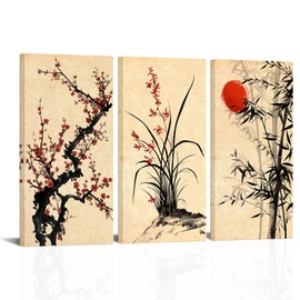 Conipit Vintage Traditional Chinese Painting Asian Oriental Wall Art Canvas Plum Orchid Flower Art Prints Black Red Artwork Canvas 32''x48'' (Yellow)