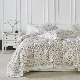 YuHeGuoJi White Ruffle Duvet Cover Queen 100% Cotton Red Floral Duvet Cover 3 Pcs Set 1 Decorative Sage Botanical Duvet Cover with Zipper Ties 2 Pillow Shams Aesthetic Green Plant Bedding Set