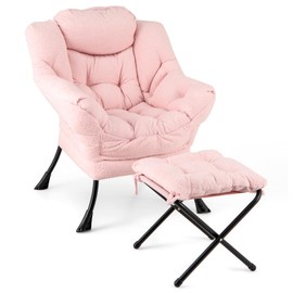 Giantex Lazy Chair with Folding Ottoman, Modern Sherpa Accent Chair w/Steel Frame, Armrests & Pocket, Upholstered Single Sofa Chair Set, Leisure Reading Lounge Chair for Living Room Bedroom (Pink)