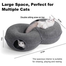 LovIntry 8-Shaped Large Cat Tunnel Bed for Indoor Cats, Infinite Circulation Peekaboo Cat Cave with 12 Toy Balls, Cat Donut Tunnel for Cats up to 30 Pounds (Dark Grey, L 38x24x11in)