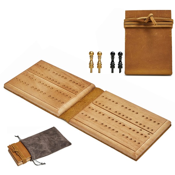 Jeereal Travel Cribbage Boards Leather Pocket Sized Tiny Card Game Board Leather Scoring Boards with Copper Cribbage Pegs (Wooden|Color)