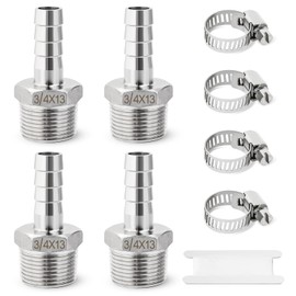 Josaton Barb Hose Fitting 4Pcs Stainless Steel 3/4” Male x 13mm Barb, Hose Barb Connector with Hose Clamp 4 Set Barb Pipe Fitting for Air Water Fuel