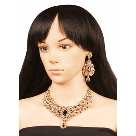 Touchstone New Indian Bollywood Exclusive Fashion Traditional Royal Choice Floral Faux Citrine Black Onyx Broad Designer Jewelry Necklace Set in Antique Gold Tone for Women.