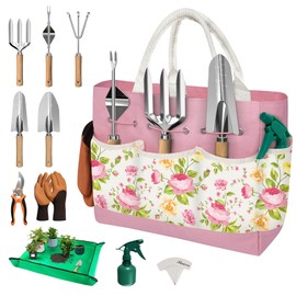 22PCS Garden Tools Set for Women,Heavy Duty Hand Tool Kit Included Handy Tote Bag/Trowel/Repotting Mat/Rake/Pruner/Gloves/Plant Tags,Garden Supplies Gardening Gifts for Beginner Mom-Pink