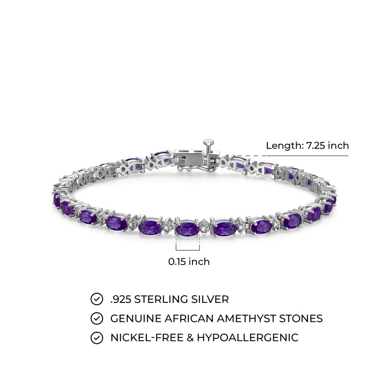 Sterling Silver Oval Amethyst and Diamond Accent Tennis Bracelet