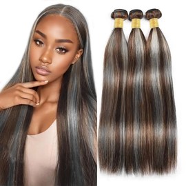 30 32 34 Inch Highlight Human Hair Bundles Silky Soft P4/Grey Straight Bundle Human Hair Brazilian Unprocessed Remy Hair Extensions Two Tone Dark Brown And Grey Ombre Bundle