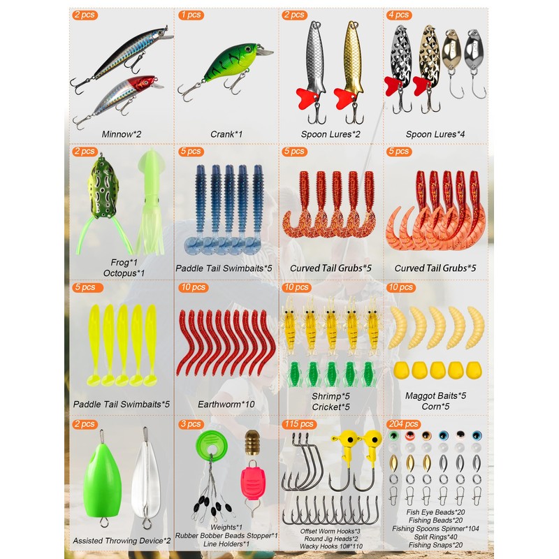 pullther 380 Pcs Fishing Lure Mixed Set, Including Spinner, Casting
