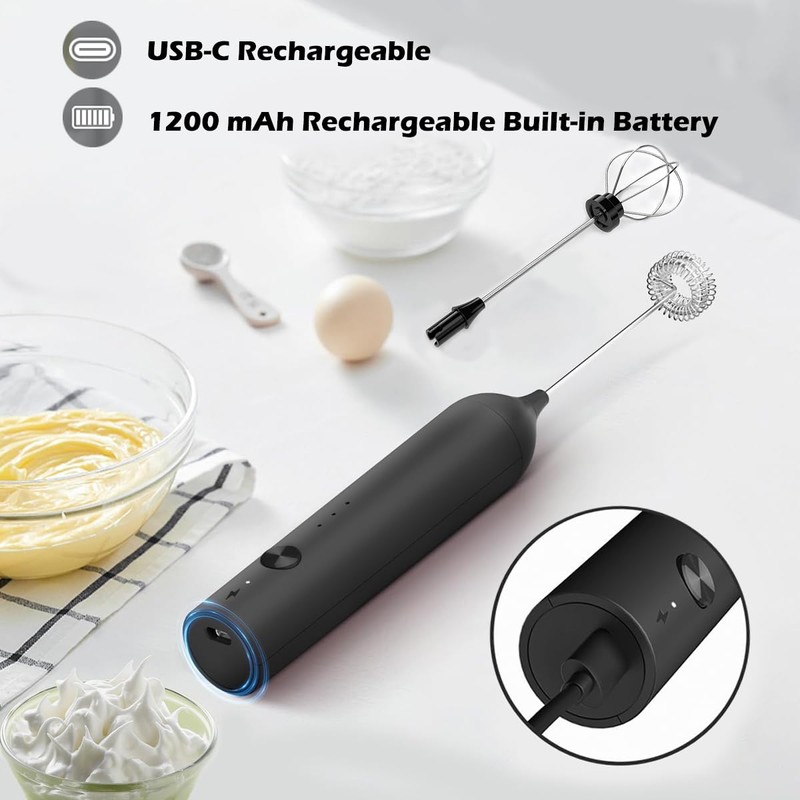 Hemixye Rechargeable Milk Frother Wand with Stand-Electric Whisk 3 Speed