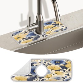 Kitchen Sink Splash Guard Behind Faucet Mat for Kitchen Sink Blue Flowers Plant Super Absorbent Faucet Guard Draining Mat Non-Slip Fast Drying Mat Faucet Handle Drip Catcher