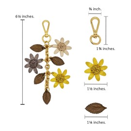 Jomo Joy Leather Flowers Keychain Purse Tassels, Gray, Cream and Yellow Daisies, 6½" Long, Gray/Cream/Yellow, 6.5 Inches