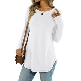Micticsi Womens Tunic Tops Long Sleeve Shirts Crew Neck Casual Tshirts Fall Fashion Outfits Clothes White X-Large
