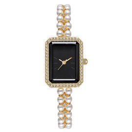 BESTKANG Elegant Pearl Watches for Women Small Square Dial Analog Quartz Watch Pearl Strap Diamonds Bracelet Dress Women's Watch (Gold Black)
