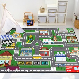 Car Rugs for Kids Toy Cars Road Rug for Kids Play Rug, Green Car Traffic Road Play Mat Carpets for Kids Room Bedroom Playroom Nursery Room Decor, 5'×7'