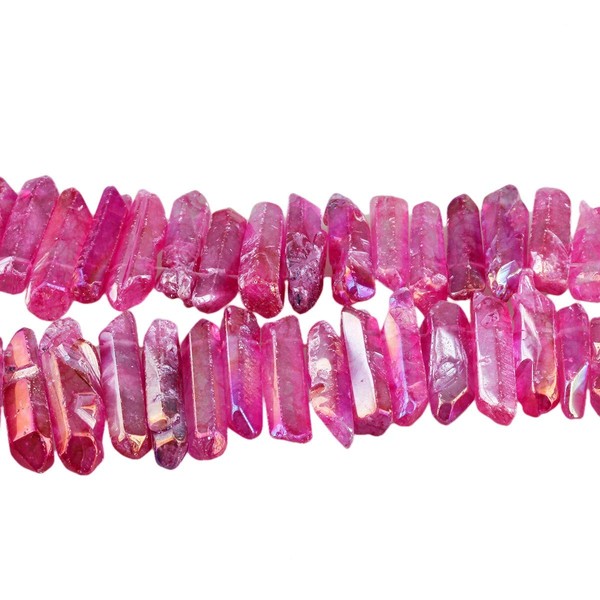 TUMBEELLUWA Rock Quartz Crystal Points Loose Beads for Jewelry Making, Titanium Coated Polished/Raw Quartz Points Beads 15 Inches Top Drilled