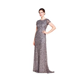 Adrianna Papell Women's Short Sleeve All Over Sequin Gown, Lead, 4