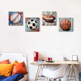 Vintage Sports Wall Decor for Boys Bedroom Rustic Soccer Basketball Football Baseball Canvas Pictures Kids Wall Art Ball Painting Prints Artwork Toddler Nursery Playroom Home Decorations 12x12" 4 Pcs