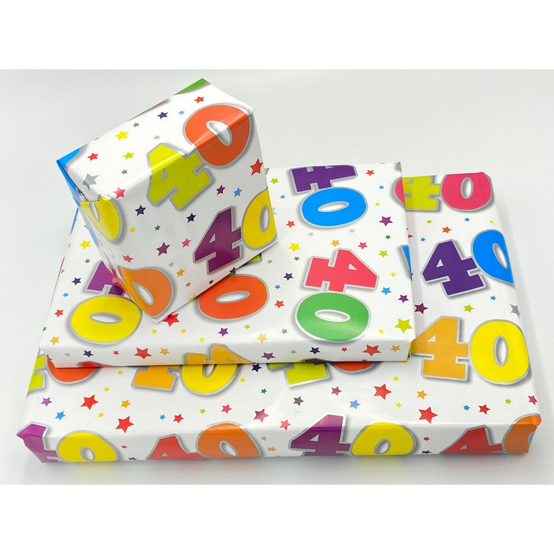 40th Birthday Wrapping Paper, 2 Sheets and 1 Matching Tag