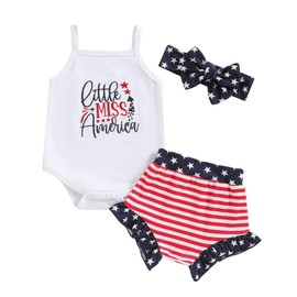 Newborn Infant My First 4th Fourth of July Baby Girl Outfits Onesie Romper White Red and Blue Shorts+Headband (Embroidered Little miss America, 3-6 Months)