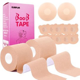 Clooflar Boob Tape Set, 2 Rolls Boobtapes for Large Breasts A-G Cup, with 2 Types of Nipple Covers, Fashion Stretchable Tit Tape Stick on Bra Beige