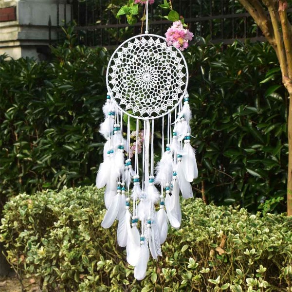 EasyBravo Dream Catcher with White Feathers and Blue Beads, Macrame Wall Hanging for Vintage Wedding, Home Decor, 25 cm / 70 cm Long