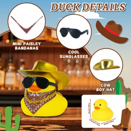 Rubber Duck with Bright Green Cow-boy Hat,Squeaky Duck for Jeep Ducking Car Dashboard Decoration with Golden Necklace，Paisley Bandanas and Sunglasses
