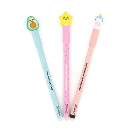 Mr. Wonderful - Set 3 Penne Bo-Bo Unicorn, Avocado, Star Penna cancellabile - Niente è impossibile - Penna con inchiostro blu
